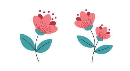 Stylized illustration of three coral colored flowers with teal stems and leaves