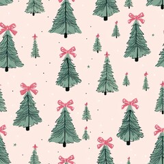 hand drawn green christmas trees and hand drawn pin bows, light pink background