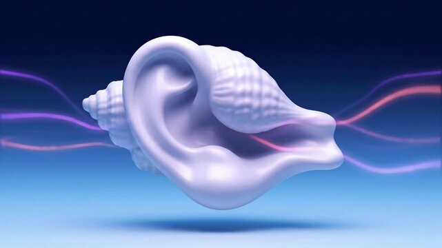 A surreal concept of hearing and sound depicted by a seashell shaped like a human ear with flowing energy waves.