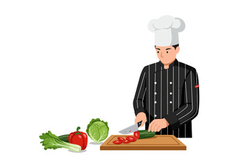 A chef in uniform is cutting vegetables specifically tomatoes on a wooden cutting board
