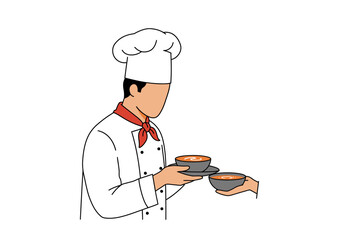 A chef in uniform presents soup to another person holding two bowls of orange soup on saucers
