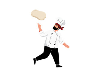 A chef tosses pizza dough he wears a toque white jacket black pants and is smiling
