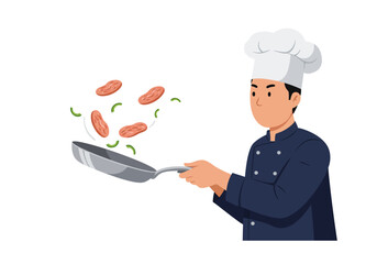 A chef tosses sausage and peppers in a frying pan