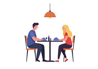 A couple sits at a restaurant table ready to eat dinner