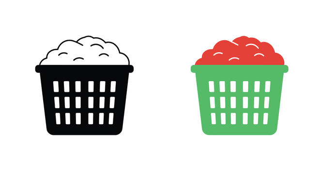 Two laundry baskets one black and one green filled with clothes