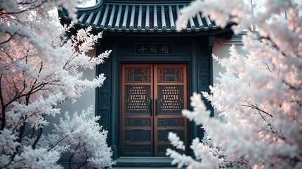 Infrared photograph of traditional Chinese door in serene misty landscape with ethereal dreamlike tones&rdquo;
