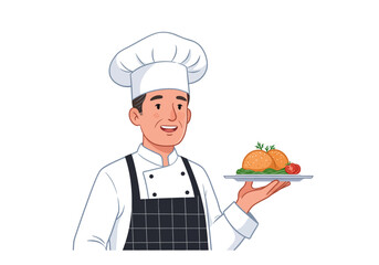 A smiling chef presents a dish of goldenbrown spheres on a plate