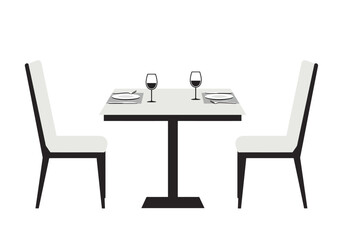 A square table set for two with plates cutlery wine glasses and two chairs on either side