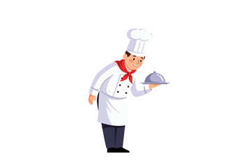 Cartoon chef in uniform holds a covered platter smiling