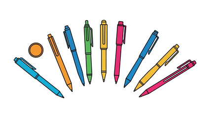 A Colorful Collection of Pens: A spectrum of vibrant pens neatly arranged in a semi-circle, showcasing a range of hues in this contemporary flat lay study of stationery.