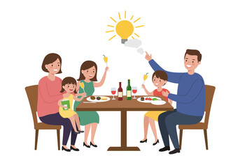 Cartoon family dining at a table with a light bulb above suggesting an idea or concept