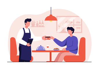 Cartoon of a waiter receiving a card from a seated restaurant patron at a table