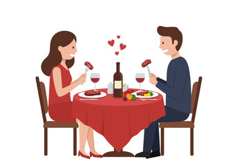 Cartoon couple dining enjoying steaks at a table with wine creating a romantic ambiance