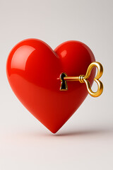 Red heart with golden key isolated on white background for love concept