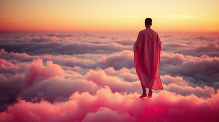 The Pink Cloud Walker standing on vibrant pink cloud in surreal dreamlike landscape&rdquo;Fantastic Frontiers Digital Artwork series ar 16:9

