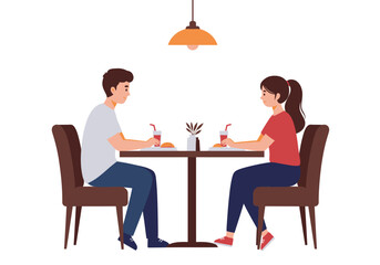 Two people sit at a table with food and drinks under a lamp