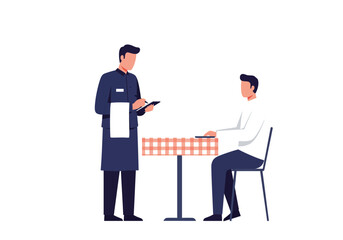 Waiter taking an order from a seated man at a table with a checkered tablecloth