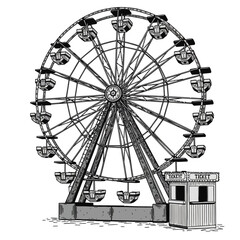 Monochrome drawing of a vintage Ferris wheel with carriages and a ticket booth nearby in simple, vintage style, concept for event branding, fairground attractions, and amusement park designs