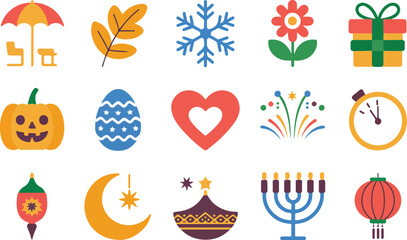 A collection of colorful flat icons representing various holidays and seasonal events