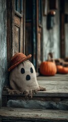 Scarecrow figure on a porch with pumpkins