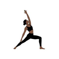 Obraz premium Athletic woman in yoga warrior pose with arm extended, wearing black athletic wear and bare feet. Concept for fitness promotion, wellness application and healthy lifestyle blog