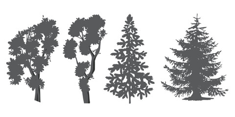 
CAD Drawings. Minimal style cad tree line side view, set of graphics trees elements outline symbol for architecture and landscape design drawing. Vector illustration