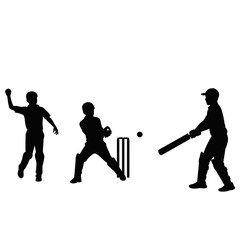 Silhouettes of cricketers in action: bowler throwing, batsman hitting a ball, and batter ready to strike. Concept for sports illustrations, cricket tournament designs and team logo designs