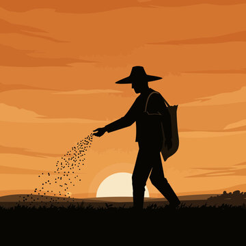 Silhouette of farmer sowing seeds on field against sunset, wearing hat and carrying sack, concept for agriculture illustration, rural development and agricultural practices