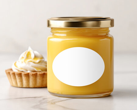 Jar of lemon curd with a blank label, accompanied by a tart dessert, perfect for branding mockups, bakery visuals, or packaging design
