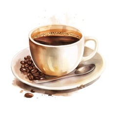 水彩スタイルで描かれたコーヒーカップとコーヒー豆のイラスト