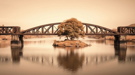 Old weathered bridge with steampunk elements over serene lake in Antrim with surreal infrared lighting&rdquo;Fantastic Frontiers Digital Artwork series ar 16:9
