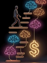 wealth success journey art Neon Business Growth Concept with Brain and Dollar Symbols