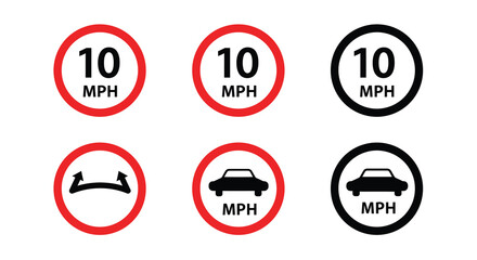Collection of speed limit and road warning signs in various styles