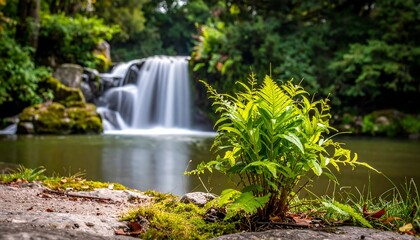 Tranquil Waterfall in Lush Garden.