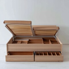 A light beige wooden storage bed with lift-up headboard and drawers showcases efficient space utilization.
