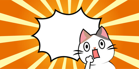 Surprised cat with exclamation bubble on radial background