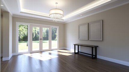 Fototapeta premium Modern living room with chandelier and large glass doors letting natural light in, elegant neutral decor and hardwood floor