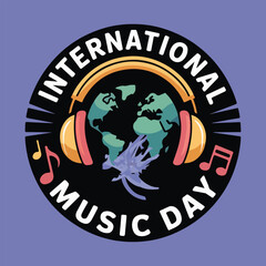 Creative International Music Day flat vector design showing abstract music celebration with bold notes, equalizer bars, globe harmony, DJ turntable, and modern festival poster style