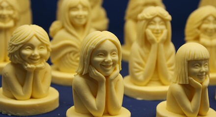 Adorable Small Clay Figurines of Smiling Girls with Different Hairstyles and Joyful Expressions on Display