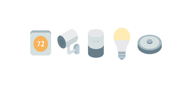  Minimal flat isometric  icons of smart devices – thermostat, security camera, smart speaker, light bulb, robot vacuum – clean, modern tech design isolated on transparent background.