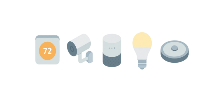  Minimal flat isometric  icons of smart devices – thermostat, security camera, smart speaker, light bulb, robot vacuum – clean, modern tech design isolated on transparent background.