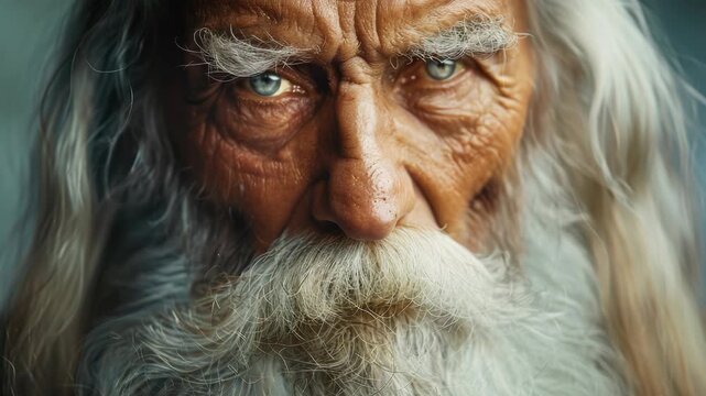 Close-up portrait of a wise old man with aged skin and long white beard. A look of deep contemplation and life experience is etched on his face.