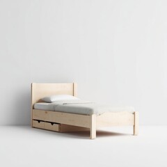 A light-colored wooden bed with under-bed storage sits against a bright white wall.