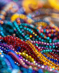 Vibrant close-up of shimmering, colorful beaded strands with a festive flair