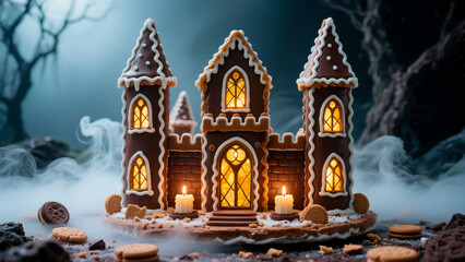 Fototapeta premium Halloween food. Gingerbread castle with intricate icing details, illuminated windows, and surrounded by mist, creating a whimsical and enchanting holiday atmosphere for festive celebrations