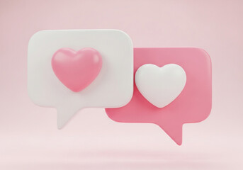 Two chat bubbles with pink and white hearts isolated on a pink background