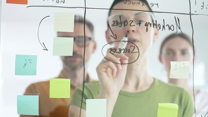 Professional businesswoman wearing glasses writing on glass board, marking strategic plan with sticky notes while colleagues brainstorming in background - Powered by Adobe