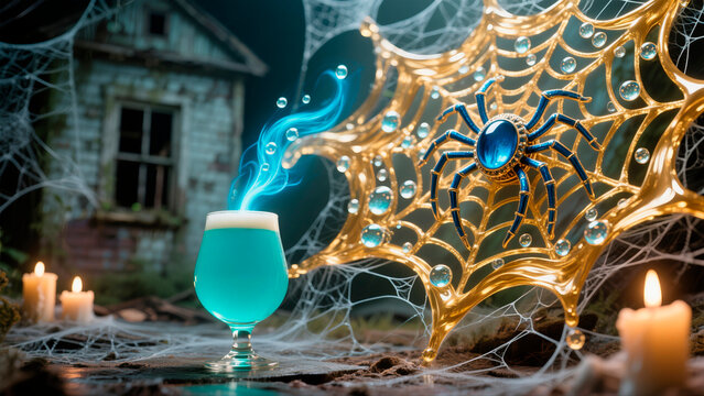 Halloween food. Enchanting blue beverage in a glass, surrounded by a golden spider web and glowing candles, creating a mystical atmosphere for Halloween celebrations and themed events