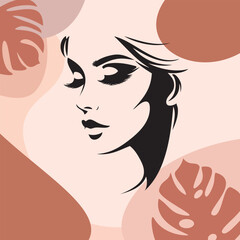 Silhouette portrait of a girl. Vector illustration against a background of monstera flowers.
