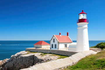 Distant lighthouse shining across calm sea guides coastal navigation with bright red roof and white tower, peaceful coastal
